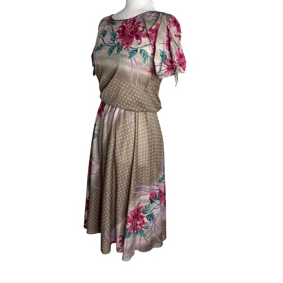Vintage 80s Floral Short Sleeve Dress Small Slightly Sheer Tie Sleeves Elastic - Picture 3 of 8